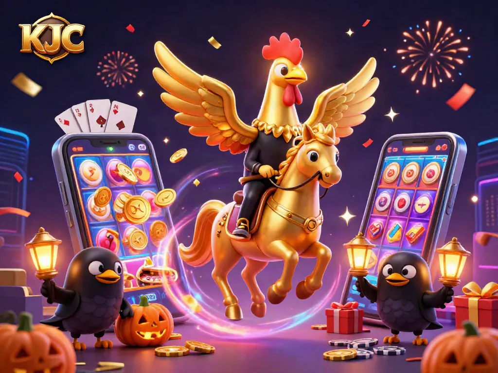 KJC entices with thrilling casino action, featuring a golden rooster amidst festive gaming symbols.