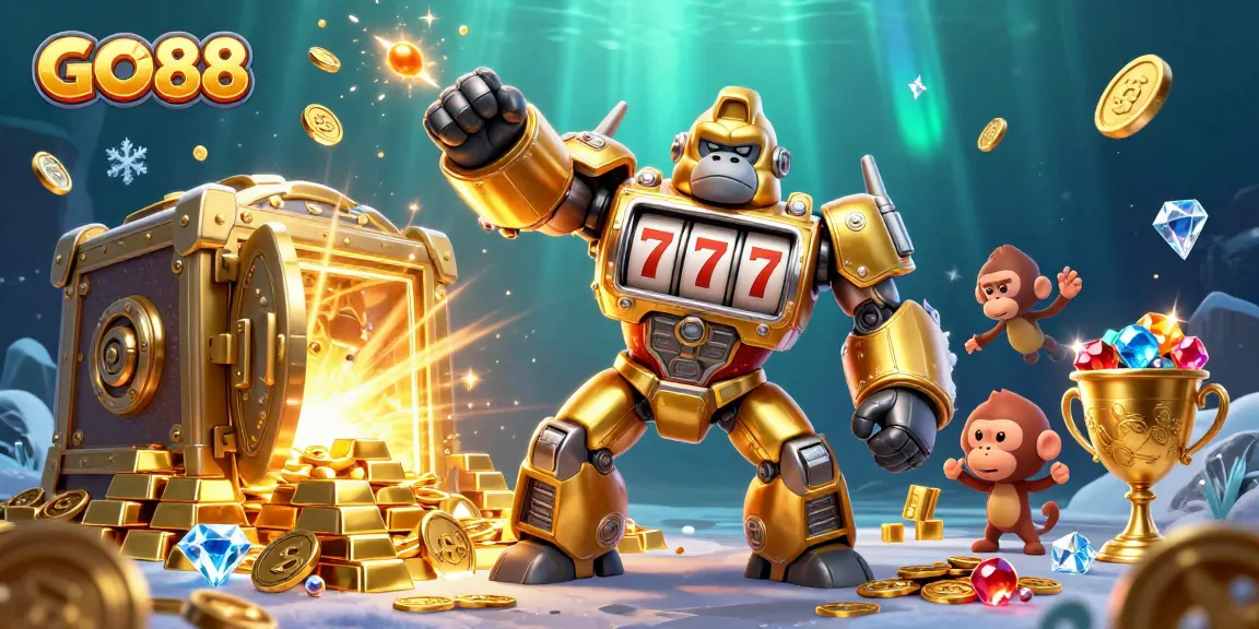 Experience the thrills of GO88 with the golden gorilla mech and dazzling treasures in 3D.