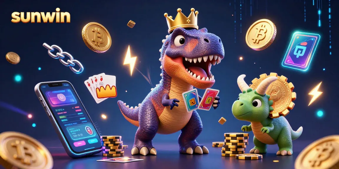 Experience sunwin’s thrilling gaming world with T-Rex shuffling cards amidst blockchain elements, creating excitement!