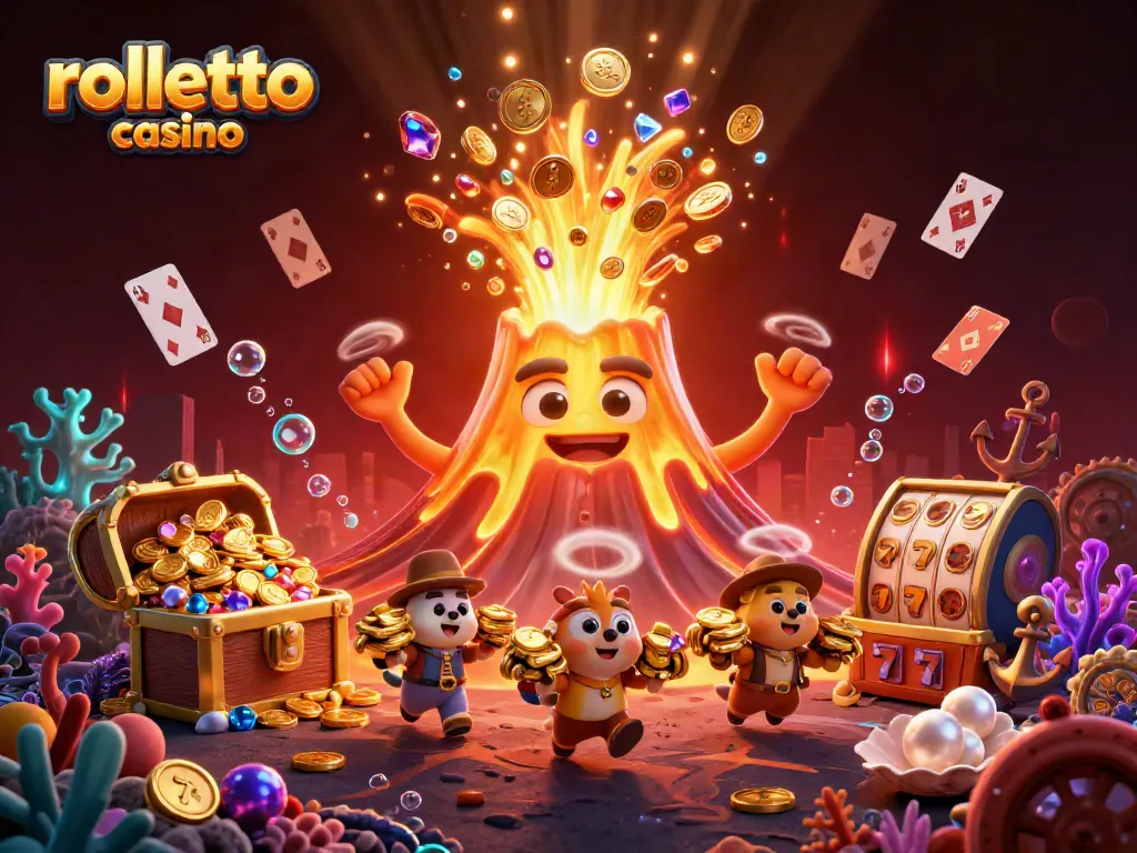 Experience rolletto casino excitement with a vibrant eruption of coins and gems from a triumphant volcanic scene.