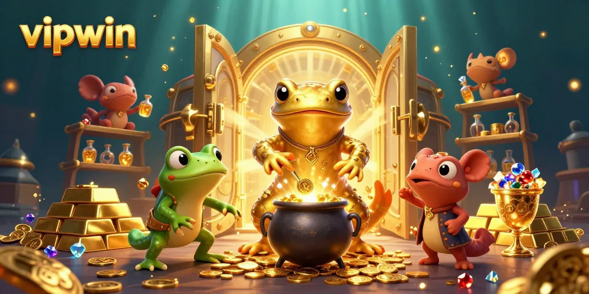 Experience the enchanting vipwin universe with a golden salamander and magical treasures in this detailed casino scene.