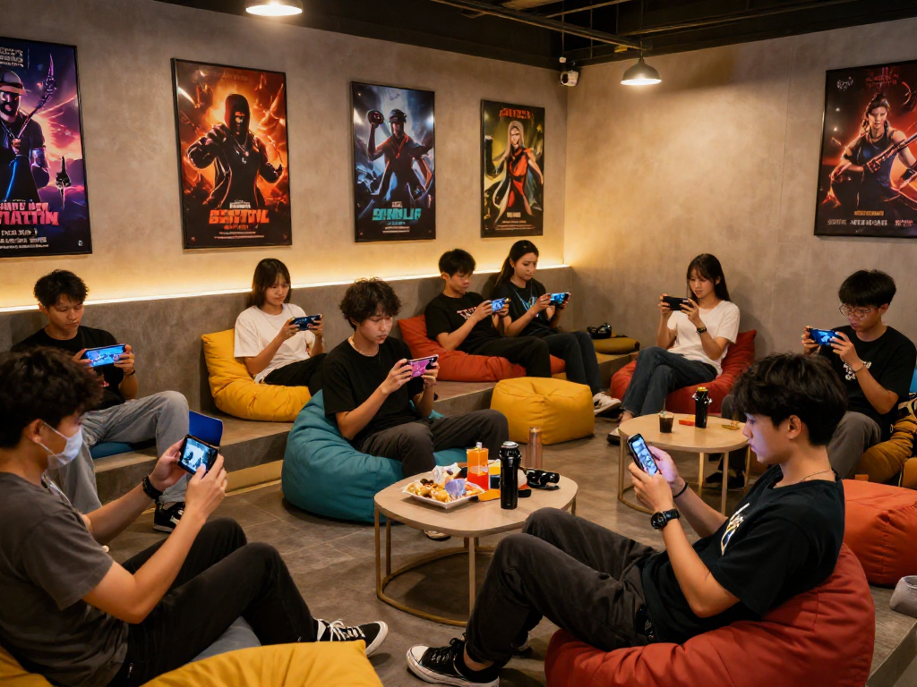 Group enjoying a mobile porn game in a vibrant gaming lounge.
